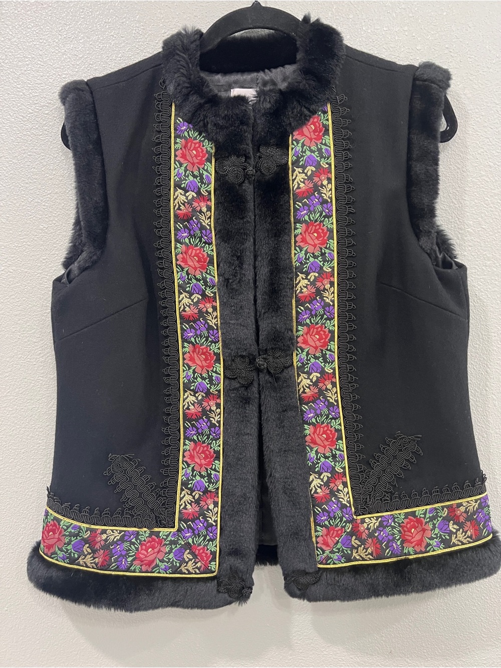Victor Costa Occasion S Black Floral Tapestry Faux Fur Vest Boho Vintage Wool